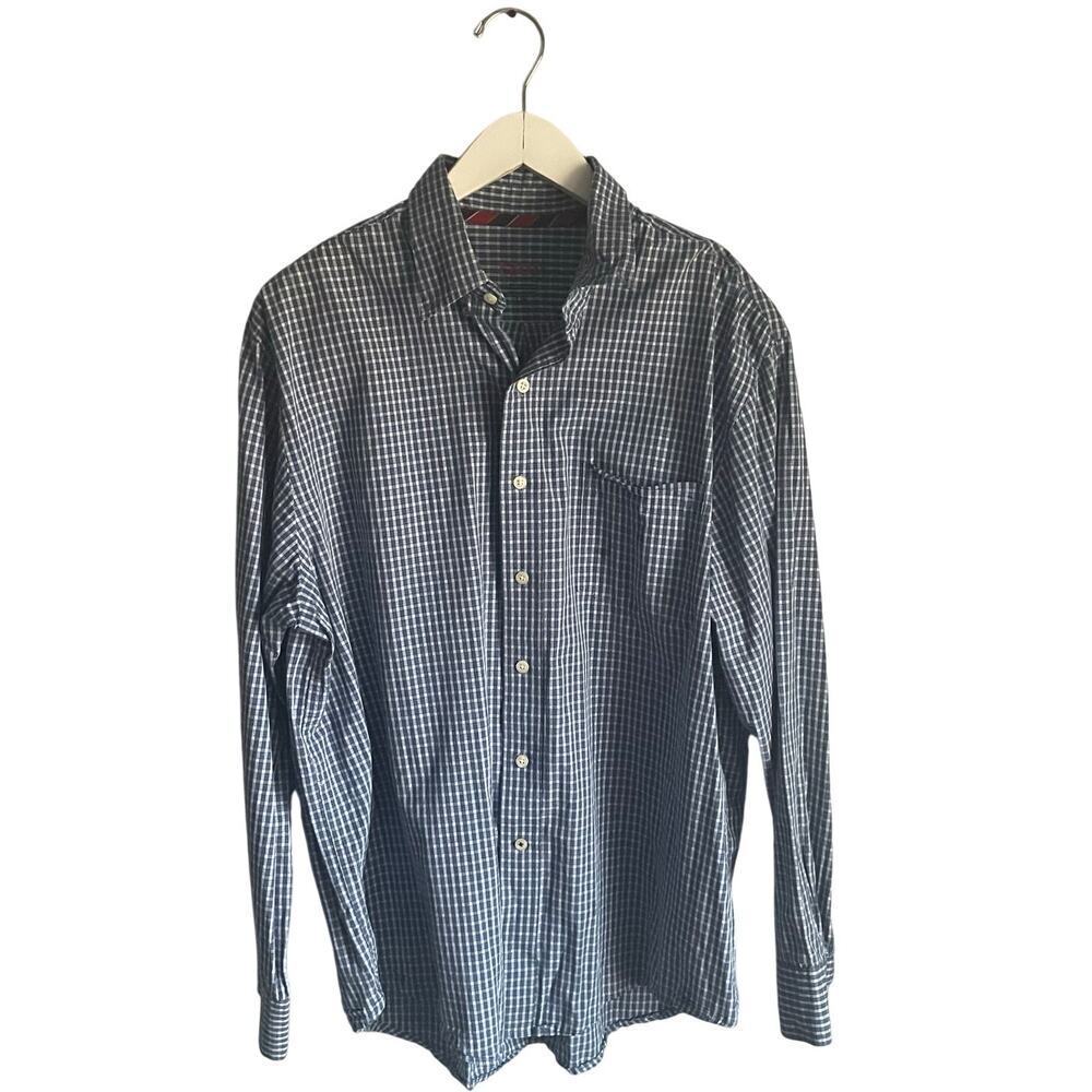 Men's Izod Button up Down Blue Plaid Shirt Work Dress Shirt size Large